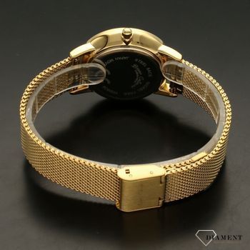 Zegarek damski BRUNO CALVANI złoty z kryształami BC90533 GOLD. Złoty zegarek damski z ozdobną tarczą. Indeksy w formie błyszczących kryształów. Zegarek damski ze stalową bransoletką typu mesh w kolorze złotym (2).jpg